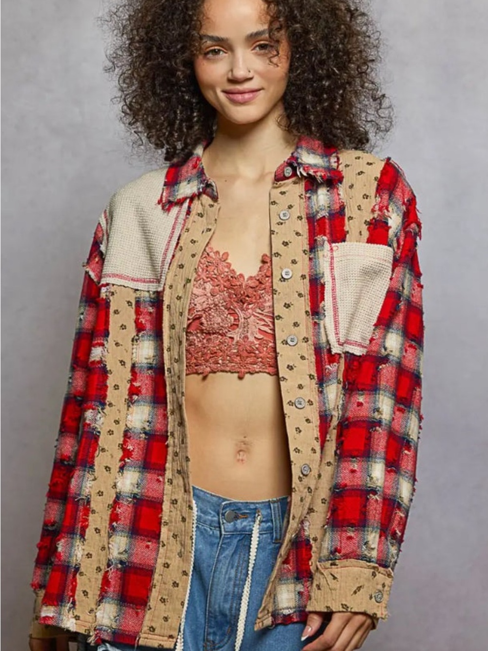 POL Red Plaid and Tan Patchwork Button-Down Shirt